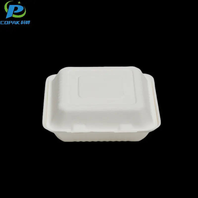 9 inch compostable square sugarcane takeaway clamshell